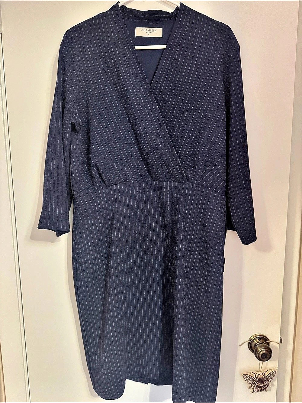 MM.LaFleur Navy Pinstripe Wrap Midi Dress Size 14 Like New